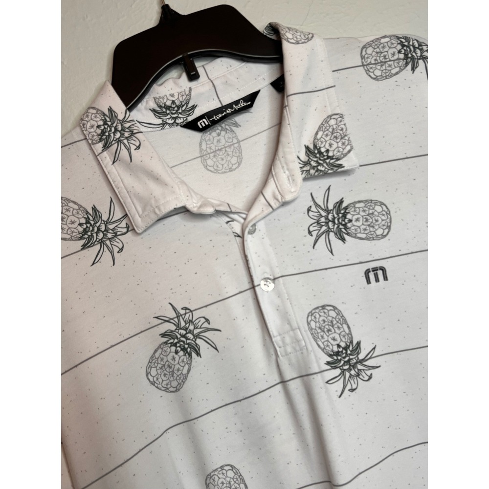 Travis Mathew Men's XL White Pineapple Stripe Polo Shirt Short Sleeve Tropical